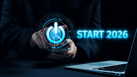 Start 2026 concept with futuristic power button symbolizing fresh beginnings, innovation, and...