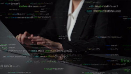 A focused business professional types on a laptop surrounded by abstract programming code,...