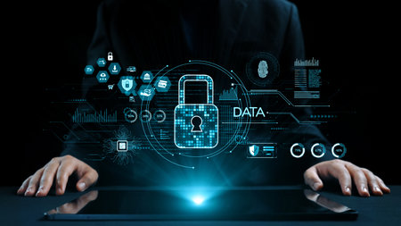 This image showcases a futuristic representation of data protection, featuring a digital padlock and...