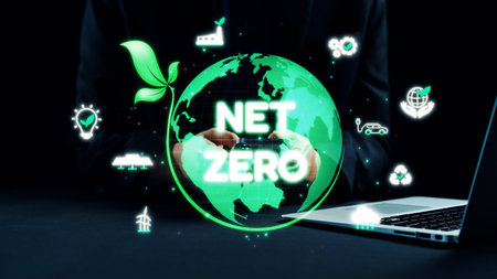 A creative representation highlighting the concept of net zero emissions, showcasing a green earth with a leaf, symbolizing sustainable practices and environmental commitment. Qubitの写真素材