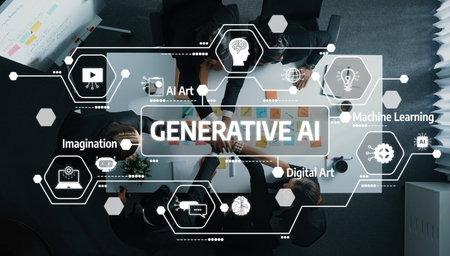 Diverse Team Collaborating on Generative AI Concepts at Modern Workspace Table with Digital Art and...