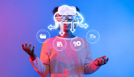 A person explores innovative cloud technology through virtual reality, engaging with digital tools...