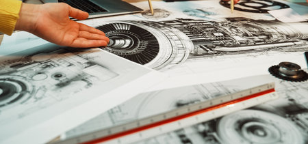 A collaborative engineering workspace featuring hands pointing at detailed technical drawings of an engine, showcasing creativity, design, and teamwork in the project process.の写真素材