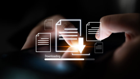 Visual representation of digital document downloading, showing file transfer, data access, and progress status for secure and efficient information retrievalの写真素材