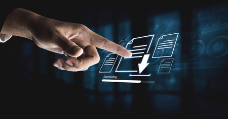 Visual representation of digital document downloading, showing file transfer, data access, and...