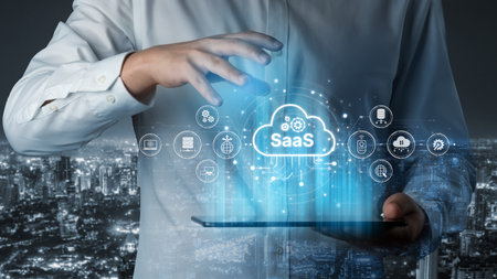 Visual representation of SaaS showing infrastructure, SaaS deployment, SaaS platform features, and SaaS integration model in digital environment. Splineの写真素材