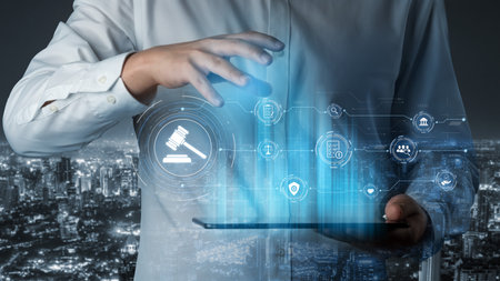 Futuristic digital law interface displaying justice scale, highlighting digital law, AI compliance, digital law systems, and digital law regulations for secure governance. Splineの写真素材