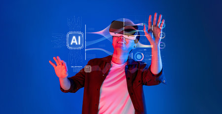 A person in virtual reality goggles engages with holographic representations of artificial intelligence concepts, showcasing the intersection of technology and creativity.の写真素材