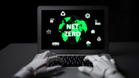 AI guides sustainability strategy with eco-intelligent tools and virtual assistants for achieving net zero goals and transforming digital business with green innovation.の写真素材