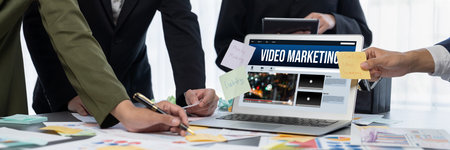 Analyst team use sticky note for creative and analytic brainstorm for business idea with data dashboard on laptop screen. Analysis financial data visualization tech for marketing strategy.の写真素材