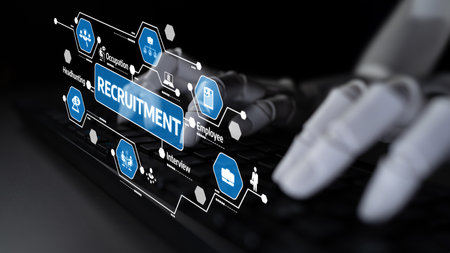A robotic hand interacts with a digital interface showcasing the recruitment process, highlighting employment symbols and modern hiring strategies in a tech-driven world. Tesselの写真素材