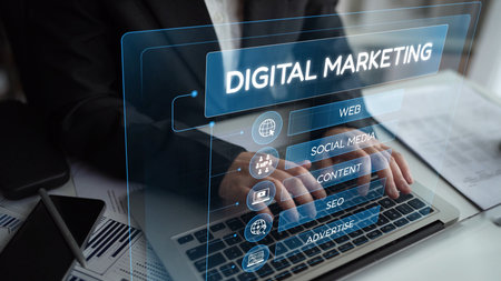 Digital marketing strategy broken down into categories: web, SEO, content, social media, and advertise. Digital tools enhance online marketing success across digital platforms. Muxerの写真素材