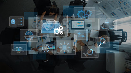 A modern office meeting showcases a diverse team collaborating over digital analytics and data...