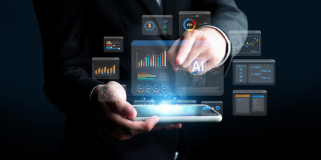 A professional interacts with digital interfaces showcasing artificial intelligence in data...