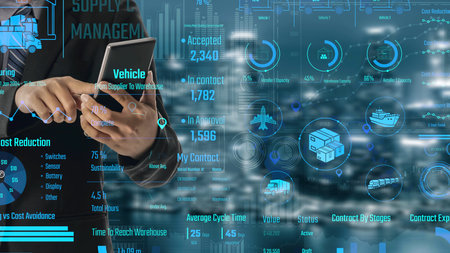 Supply chain management interface showing delivery routes, warehouse efficiency, cost savings,...