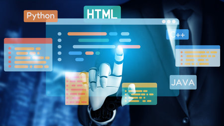 AI artificial intelligence assists software development through smart coding tools, virtual...