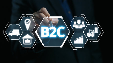 B2C strategy focus on delivery products directly to consumers. Successful B2C model enhance consumer engagement, streamline B2C logistics, and boost consumer satisfaction through digital retail. Elideの写真素材