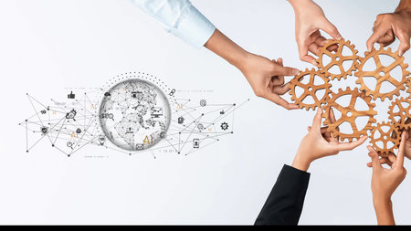 A visual representation of teamwork and collaboration featuring hands arranging wooden gears around a digital globe, symbolizing global business solutions and innovation. Rasterの写真素材