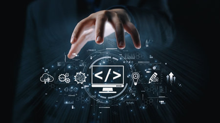Modern web development concept featuring coding symbols, web development process, web development...