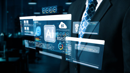A businessman engages with advanced digital interfaces showcasing AI data analytics in a modern...