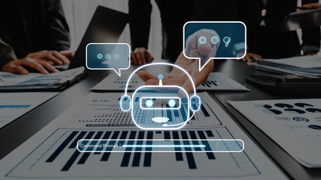 A modern business team collaborates with a digital chatbot interface over detailed data analytics...