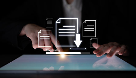 Visual representation of digital document downloading, showing file transfer, data access, and progress status for secure and efficient information retrievalの写真素材