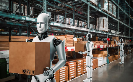 Innovative industry robot working in warehouse for human labor replacement . Concept of artificial intelligence for industrial revolution and automation manufacturing process .の写真素材