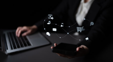 Omnichannel marketing journey showing interaction across media, email, messaging, mobile, ecommerce, and search to enhance customer experience and engagementの写真素材