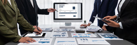Panorama shot analyst team utilizing BI Fintech to analyze financial report with laptop....