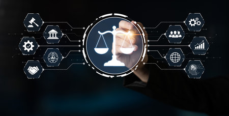 Futuristic digital law interface displaying justice scale, highlighting digital law, AI compliance, digital law systems, and digital law regulations for secure governance. Splineの写真素材