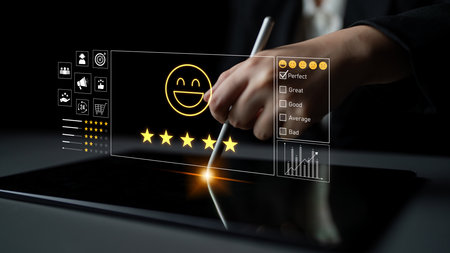 Customer feedback and satisfaction rating system showing star review, happy face, performance score, and service evaluation to improve customer experience.の写真素材