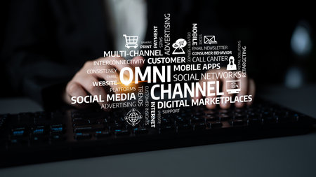 Visual representation of omni-channel marketing concepts with keywords emphasizing customer engagement and digital strategies in a modern workspace setting. Tesselの写真素材