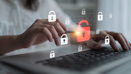 Digital security concept illustrating a cybersecurity breach, with a red unlocked padlock indicating...