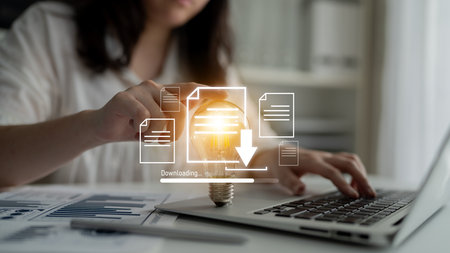 Visual representation of digital document downloading, showing file transfer, data access, and...