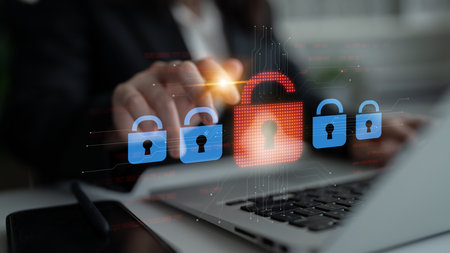 Digital security concept illustrating a cybersecurity breach, with a red unlocked padlock indicating data exposure among secure systems, emphasizing system vulnerability and risk Latchの写真素材