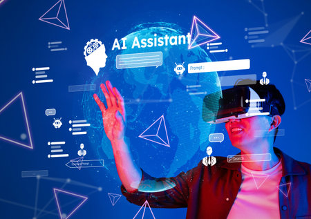 A user engages with an AI assistant in a vibrant virtual reality setting, showcasing the fusion of technology and human interaction, illustrating advanced generative intelligence concepts.の写真素材
