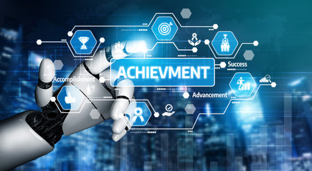 A robotic hand interacts with digital icons symbolizing achievement and success, showcasing a...