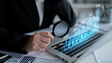 Business bar chart and line graph showing yearly business growth from 2022 to new year 2026,...