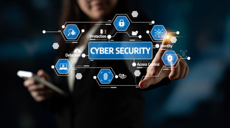 A professional businesswoman interacts with a digital cyber security interface showcasing various...