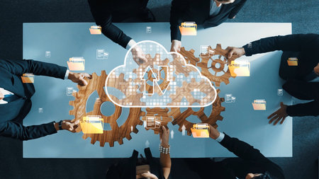 A diverse group of business professionals collaborating around a table, visualizing cloud computing...