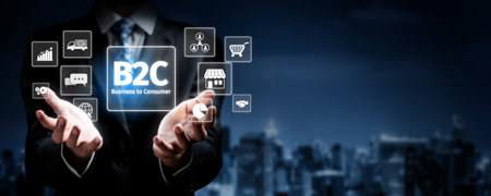 A professional business individual presenting the concept of B2C with digital icons, showcasing the...