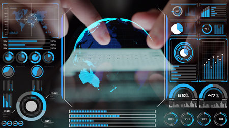 High-tech global network connection interface showing worldwide digital communication, data...