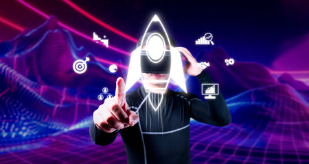 This image portrays a virtual reality concept featuring a person with a rocket graphic, symbolizing...