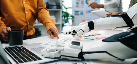 A modern office scene featuring a collaboration between a human and a robot, showcasing technology...