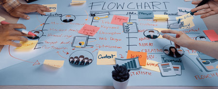 A dynamic team collaborating in a vibrant workspace surrounded by colorful notes and flowcharts,...