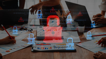 A team of professionals engaged in a meeting to discuss cybersecurity strategies, with digital locks...