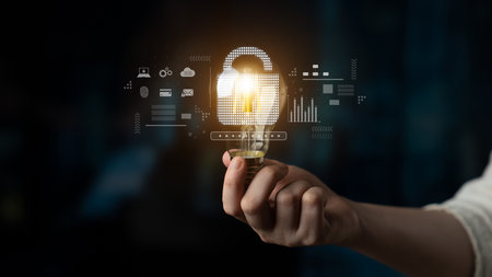 Cybersecurity protection system showing password encryption, fingerprint ID, cloud security, email,...