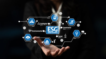 A professional hand presents a modern ESG data visualization, highlighting essential elements of...