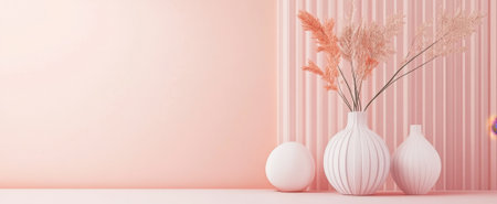 A serene and elegant floral arrangement featuring soft-colored vases with dried flowers. This minimalistic interior design captures beauty and tranquility.の素材