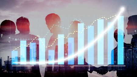 Abstract representation of business growth featuring silhouettes, charts, and upward trends,...